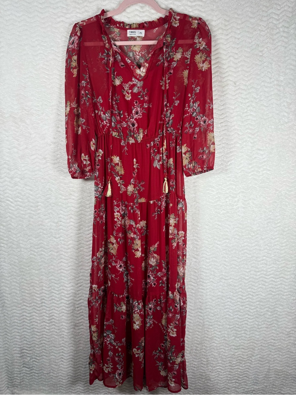 Tinsel Red/Maroon Floral Maxi Dress with Tassel Ties and Sheer sleeves.